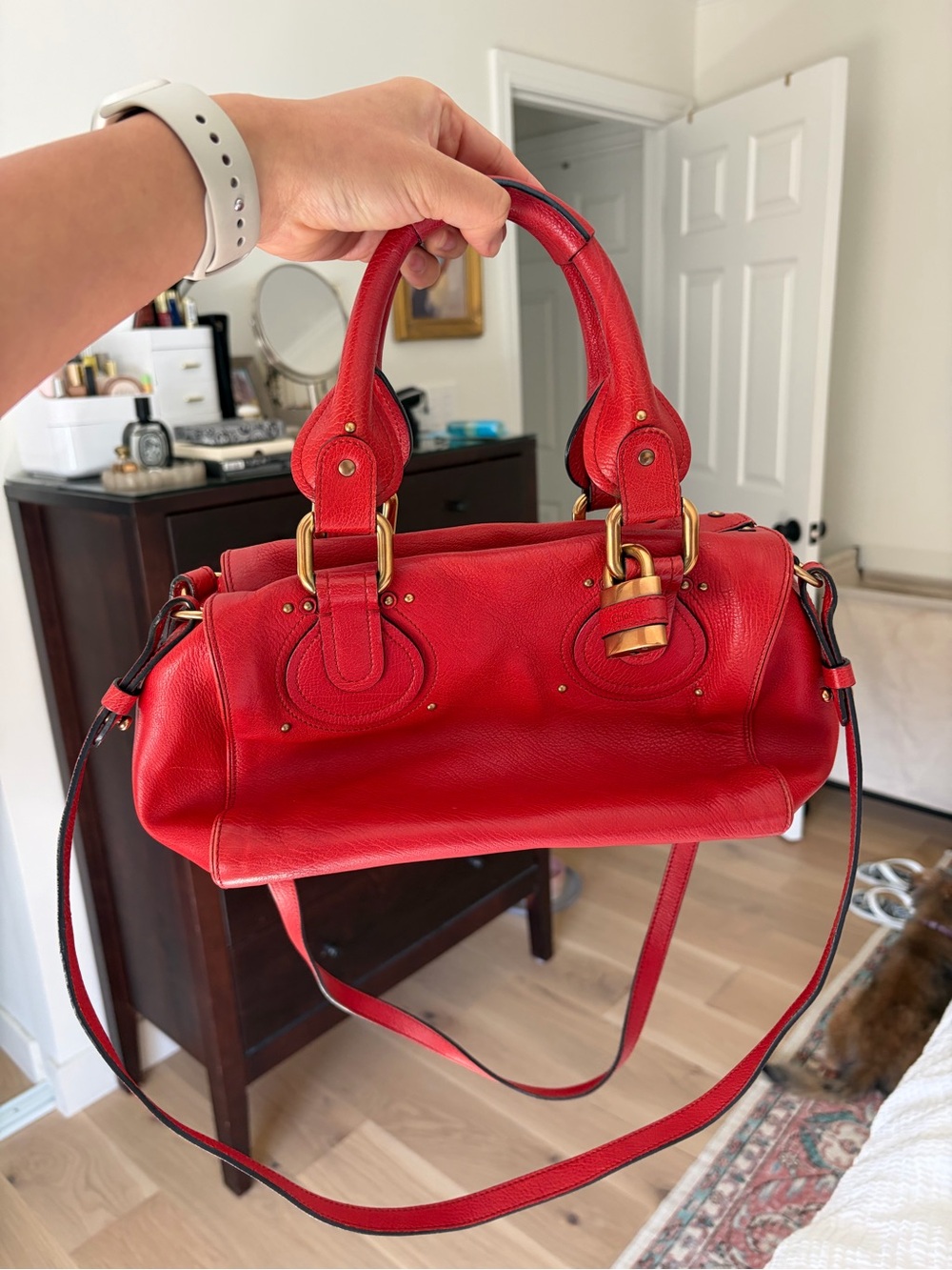 Authentic Chloé Paddington Satchel Boston Bag Red Leather